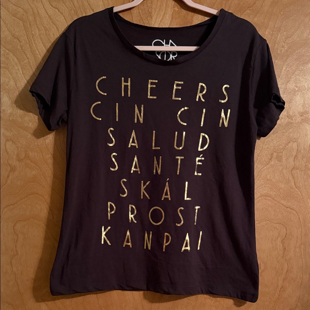 Chaser Black Tee with Gold Cheers Graphic